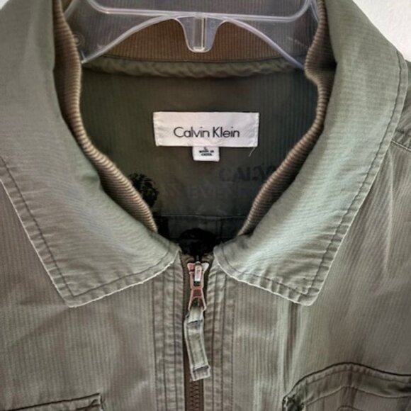 Calvin Klein L Khaki Green Utility Jacket Field Zip Collar Pocket Rugged Minimal - Picture 9 of 12